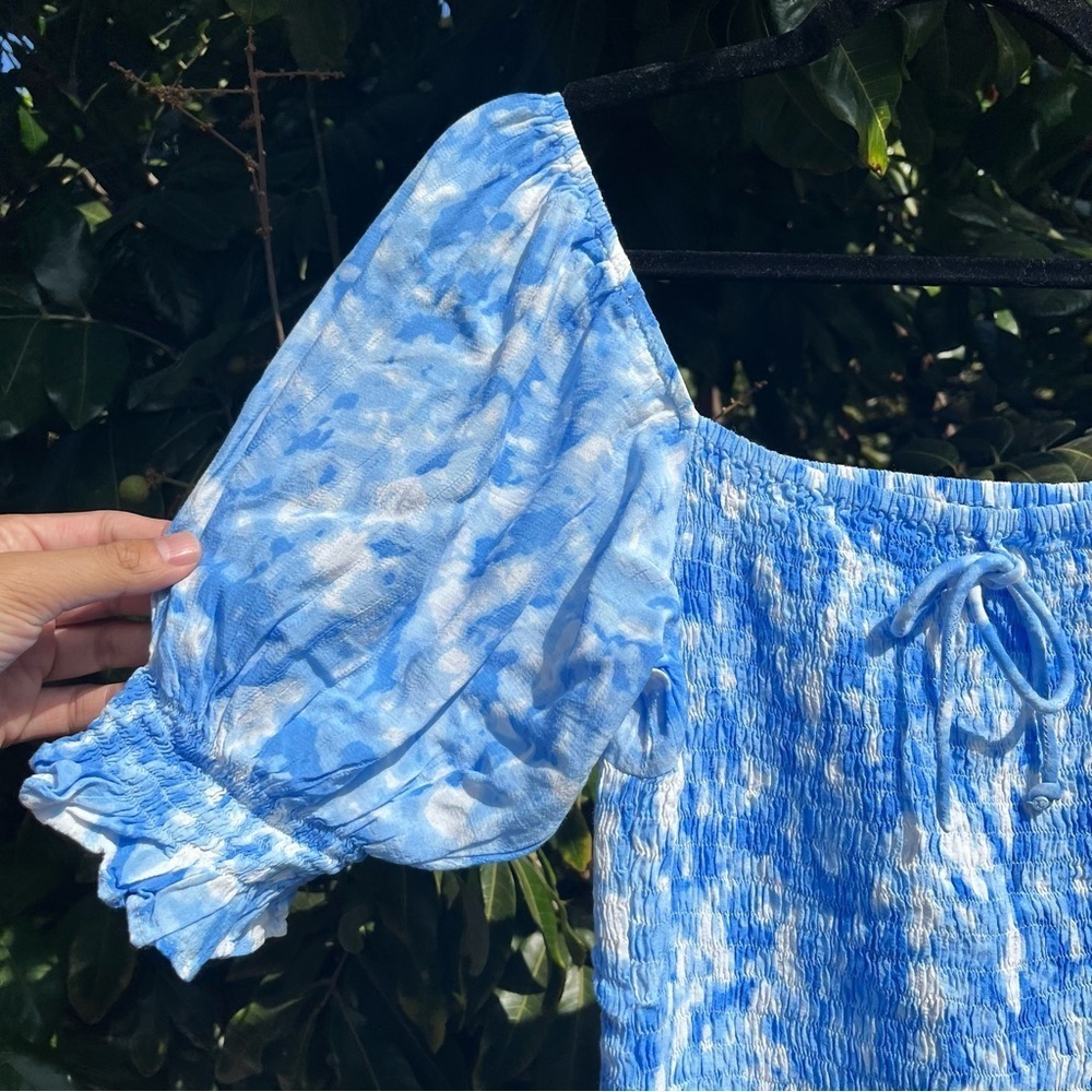 FAITHFULL THE BRAND blues watercolor abstract floral ruched puff sleeve mini - Picture 2 of 7